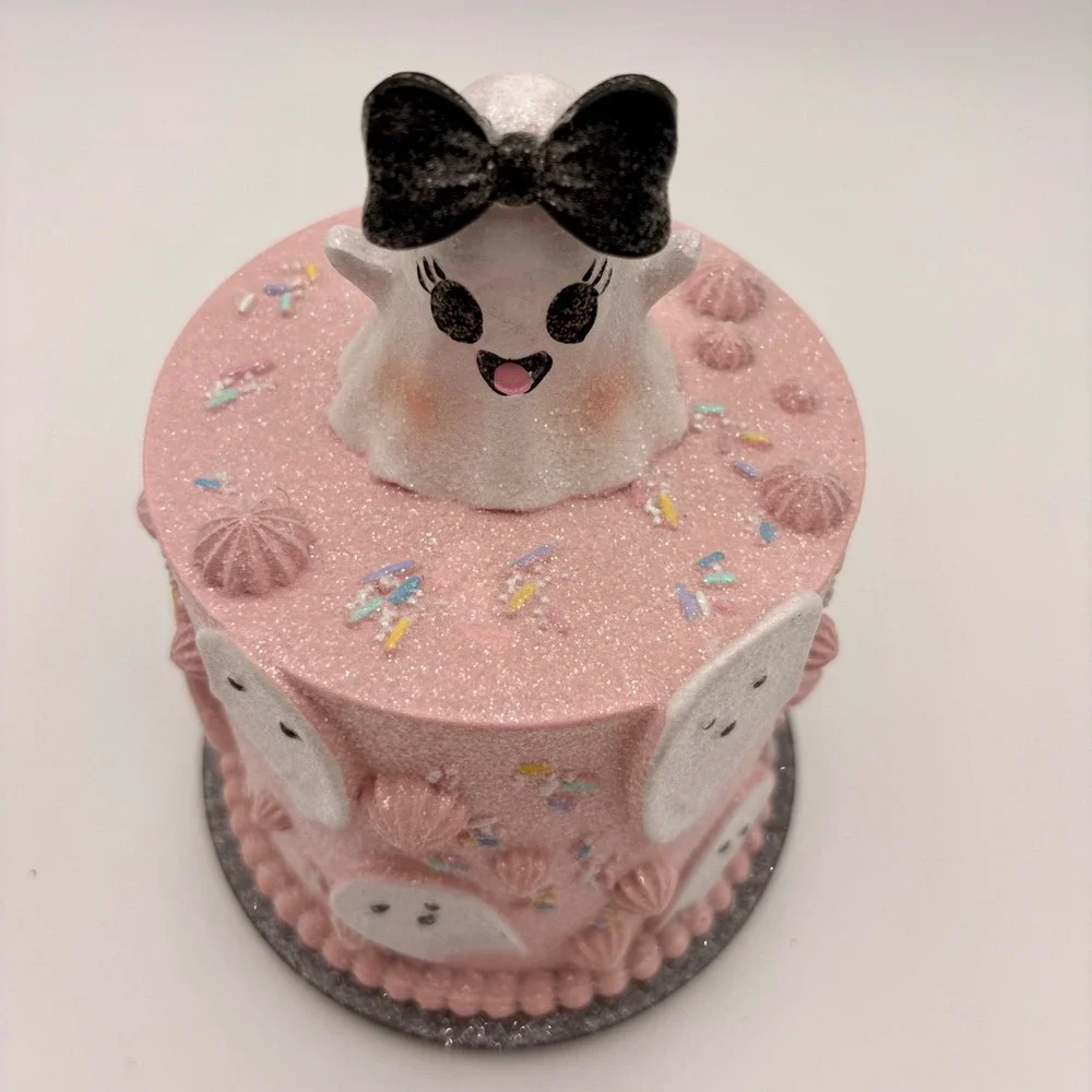 Pink Faux Cake Ghost Figurine Halloween Pastel Goth Decor Black Bow